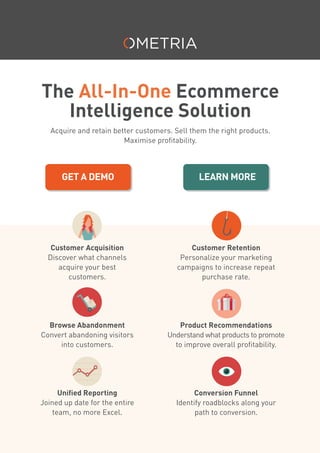 The All-In-One Ecommerce
Intelligence Solution
Acquire and retain better customers. Sell them the right products.
Maximise profitability.
LEARN MOREGET A DEMO
Customer Acquisition
Discover what channels
acquire your best
customers.
Browse Abandonment
Convert abandoning visitors
into customers.
Unified Reporting
Joined up date for the entire
team, no more Excel.
Customer Retention
Personalize your marketing
campaigns to increase repeat
purchase rate.
Product Recommendations
Understand what products to promote
to improve overall profitability.
Conversion Funnel
Identify roadblocks along your
path to conversion.
 