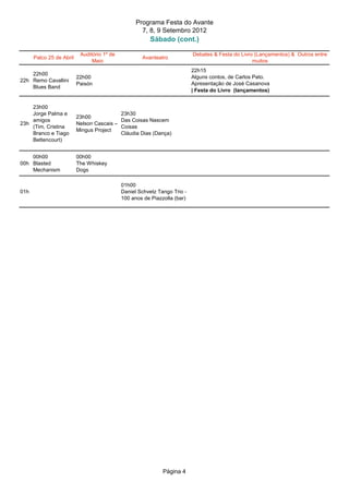 Programa Festa do Avante
                                                     7, 8, 9 Setembro 2012
                                                        Sábado (cont.)

                           Auditório 1º de                                 Debates & Festa do Livro (Lançamentos) & Outros entre
      Palco 25 de Abril                              Avanteatro
                                Maio                                                               muitos
                                                                           22h15
    22h00
                          22h00                                            Alguns contos, de Carlos Pato.
22h Remo Cavallini
                          Paisón                                           Apresentação de José Casanova
    Blues Band
                                                                           | Festa do Livro (lançamentos)


    23h00
    Jorge Palma e                          23h30
                          23h00
    amigos                                 Das Coisas Nascem
23h                       Nelson Cascais –
    (Tim, Cristina                         Coisas
                          Mingus Project
    Branco e Tiago                         Cláudia Dias (Dança)
    Bettencourt)


    00h00                 00h00
00h Blasted               The Whiskey
    Mechanism             Dogs

                                             01h00
01h                                          Daniel Schvetz Tango Trio -
                                             100 anos de Piazzolla (bar)




                                                              Página 4
 