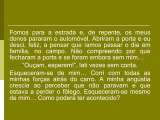 Fomos para a estrada e, de repente, os meus donos pararam o automóvel. Abriram a porta e eu desci, feliz, a pensar que íamos passar o dia em família, no campo. Não compreendo por que fecharam a porta e se foram embora sem mim…  “ Ouçam, esperem!”, lati vezes sem conta.  Esqueceram-se de mim… Corri com todas as minhas forças atrás do carro. A minha angústia crescia ao perceber que não paravam e que estava a perder o fôlego. Esqueceram-se mesmo de mim… Como poderá ter acontecido? 