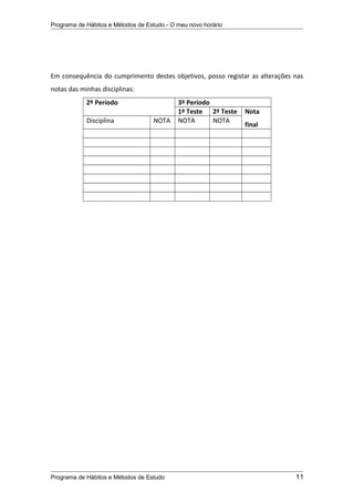 Programa de Hábitos e Métodos de Estudo - O meu novo horário
Em consequência do cumprimento destes objetivos, posso registar as alterações nas
notas das minhas disciplinas:
2º Período 3º Período
1º Teste 2º Teste Nota
final
Disciplina NOTA NOTA NOTA
Programa de Hábitos e Métodos de Estudo 11
 