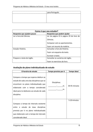Programa de Hábitos e Métodos de Estudo - O meu novo horário
para Português.
Como é que vou estudar?
Respostas que ajudam pouco Respostas que podem ajudar
Ler o livro de Ciências. Ler da página 23 à página 29 do livro de
Ciências.
Comparar com os apontamentos.
Fazer um resumo da matéria.
Estudar História. Consultar o livro de História.
Fazer um esquema do texto.
Escrever o texto.
Preparar o teste de Inglês. Consultar os sumários de Inglês.
Fazer os exercícios do livro.
Avaliação do plano individualizado de estudo
O horário de estudo Tempo previsto por ti Tempo ideal
Compara o tempo que esperas dedicar ao
estudo de cada uma das disciplinas que se
encontram no plano individualizado que
elaboraste com o tempo considerado
ideal para te dedicares ao estudo de cada
disciplina.
Disciplinas:
_________-______m.
_________-______m.
30-45 minutos
Compara o tempo do intervalo existente
entre o estudo de duas disciplinas
previsto por ti no plano individualizado
que elaboraste com o tempo de intervalo
considerado ideal.
5-10 minutos
Programa de Hábitos e Métodos de Estudo 6
 