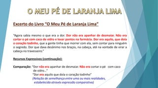 Excerto do Livro “O Meu Pé de Laranja Lima”
“Agora sabia mesmo o que era a dor. Dor não era apanhar de desmaiar. Não era
cortar o pé com caco de vidro e levar pontos na farmácia. Dor era aquilo, que doía
o coração todinho, que a gente tinha que morrer com ela, sem contar para ninguém
o segredo. Dor que dava desânimo nos braços, na cabeça, até na vontade de virar a
cabeça no travesseiro.”
Recursos Expressivos (continuação):
Comparação: “Dor não era apanhar de desmaiar. Não era cortar o pé com caco
de vidro…”
“Dor era aquilo que doía o coração todinho”
(Relação de semelhança entre uma ou mais realidades,
estabelecida através expressão comparativa)
 
