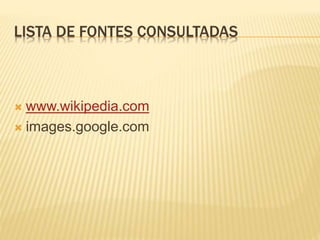 LISTA DE FONTES CONSULTADAS
 www.wikipedia.com
 images.google.com
 
