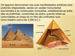 Os egípcios demonstram nas suas manifestações artísticas uma
profunda religiosidade, dando um caráter monumental
aos templos e às construções mortuárias, notabilizando-se entre
elas as pirâmides, construídas de pedra, quando todas as
comunidades ao longo do rio Nilo são unificadas num
único Império (cerca de 3.200 a.C.).
 