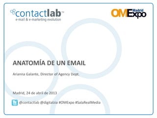 This document is the intellectual property of ContactLab® and was created for demonstration purposes only. It may not be modified, organized or reutilized in any way without the express written permission of the rightful owner.
ANATOMÍA DE UN EMAIL
Arianna Galante, Director of Agency Dept.
Madrid, 24 de abril de 2013
@contactlab @digitalzia #OMExpo #SalaRealMedia
 
