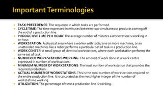  TASK PRECEDENCE:The sequence in which tasks are performed.
 CYCLETIME:The time expressed in minutes between two simultaneous products coming off
the end of a production line.
 PRODUCTIVETIME PER HOUR:The average number of minutes a workstation is working in
an hour.
 WORKSTATION:A physical area where a worker with tools/ one or more machines, or an
unattended machines like a robot performs a particular set of task in a production line.
 WORK CENTER:A small group of identical workstations, where each workstation performs the
same set of task.
 NUMBER OF WORKSTATIONSWORKING:The amount of work done at a work centre
expressed in number of workstations.
 MINIMUM NUMBER OF WORKSTATIONS:The least number of workstation that provides the
required production.
 ACTUAL NUMBER OF WORKSTATIONS:This is the total number of workstations required on
the entire production line. It is calculated as the next higher integer of the number of
workstations working.
 UTILIZATION:The percentage of time a production line is working.
 