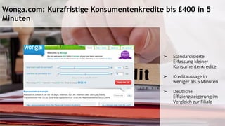 Wonga.com: Kurzfristige Konsumentenkredite bis £400 in 5
Minuten
➢ Standardisierte
Erfassung kleiner
Konsumentenkredite
➢ Kreditaussage in
weniger als 5 Minuten
➢ Deutliche
Effizienzsteigerung im
Vergleich zur Filiale
 
