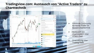 Tradingview.com: Austausch von “Active Traders” zu
Charttechnik
➢ Führende Community
für Active Trader im
Bereich Charttechnik
➢ Austausch von
Chartmustern über
HTML5 Tool
➢ Finanzierung über
Trading Tools
 