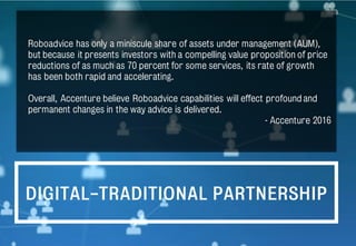 DIGITAL-TRADITIONAL PARTNERSHIP
Roboadvice has only a miniscule share of assets under management (AUM),
but because it presents investors with a compelling value proposition of price
reductions of as much as 70 percent for some services, its rate of growth
has been both rapid and accelerating.
Overall, Accenture believe Roboadvice capabilities will effect profound and
permanent changes in the way advice is delivered.
- Accenture 2016
 