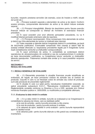 10                  MONITORUL OFICIAL AL ROMÂNIEI, PARTEA I, Nr. 522 bis/25.VII.2011             www.CodFiscal.net




     bunurilor, respectiv prestarea serviciilor (de exemplu, avize de înso ire a m rfii, situa ii
     de lucr ri etc.)
             25. – Principiul evalu rii separate a elementelor de active i de datorii. Conform
     acestui principiu, componentele elementelor de active i de datorii trebuie evaluate
     separat.
             26. – (1) Principiul intangibilit ii. Bilan ul de deschidere pentru fiecare exerci iu
     financiar trebuie s corespund cu bilan ul de închidere al exerci iului financiar
     precedent.
             (2) În cazul corect rii unor erori aferente perioadelor precedente, nu va fi
     modificat bilan ul perioadei anterioare celei de raportare.
             27. – (1) Principiul necompens rii. Orice compensare între elementele de active
       i datorii sau între elementele de venituri i cheltuieli este interzis .
             (2) Toate crean ele i datoriile trebuie înregistrate distinct în contabilitate, pe baz
     de documente justificative. Eventualele compens ri între crean e i datorii fa de
     aceea i entitate efectuate cu respectarea prevederilor legale pot fi înregistrate numai
     dup contabilizarea veniturilor i cheltuielilor corespunz toare.
             (3) În cazul schimbului de active, în contabilitate se eviden iaz distinct
     opera iunea de vânzare/scoatere din eviden            i cea de cump rare/intrare în eviden ,
     pe baza documentelor justificative, cu înregistrarea tuturor veniturilor i cheltuielilor
     aferente opera iunilor. Tratamentul contabil este similar i în cazul prest rilor reciproce
     de servicii.

     SEC IUNEA 7
     REGULI DE EVALUARE

     7.1. REGULI GENERALE DE EVALUARE

            28. – (1) Elementele prezentate în situa iile financiare anuale simplificate se
     evalueaz , de regul , pe baza principiului costului de achizi ie sau al costului de
     produc ie. Cazurile în care nu se folose te costul de achizi ie sau costul de produc ie
     sunt cele prev zute de prezentele reglement ri.
            (2) În situa ia în care s-a optat pentru reevaluarea imobiliz rilor corporale, se
     aplic prevederile subsec iunii 8.2.5.1. "Reevaluarea imobiliz rilor corporale" din
     Reglement rile contabile conforme cu Directiva a IV-a a CEE, aprobate prin Ordinul
     ministrului finan elor publice nr. 3055/2009, cu modific rile i complet rile ulterioare.

     7.1.1. Evaluarea la data intr rii în entitate

            29. – (1) La data intr rii în entitate, bunurile se evalueaz i se înregistreaz în
     contabilitate la valoarea de intrare, care se stabile te astfel:
            a) la cost de achizi ie - pentru bunurile procurate cu titlu oneros;
            b) la cost de produc ie - pentru bunurile produse în entitate;
            c) la valoarea de aport, stabilit în urma evalu rii - pentru bunurile reprezentând
     aport la capitalul social;
            d) la valoarea just - pentru bunurile ob inute cu titlu gratuit sau constatate plus la
     inventariere.



                                                                                                 7
 