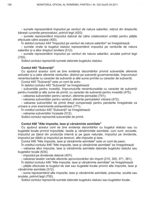 106                 MONITORUL OFICIAL AL ROMÂNIEI, PARTEA I, Nr. 522 bis/25.VII.2011           www.CodFiscal.net




         - sumele reprezentând impozitul pe venituri de natura salariilor, re inut din drepturile
      b ne ti cuvenite personalului, potrivit legii (420);
         - sumele reprezentând impozitul datorat de c tre colaboratorii unit ii pentru pl ile
      efectuate c tre ace tia (400).
         În debitul contului 444 "Impozitul pe venituri de natura salariilor" se înregistreaz :
         - sumele virate la bugetul statului reprezentând impozitul pe veniturile de natura
      salariilor i a altor drepturi similare (512);
         - sumele reprezentând impozitul pe venituri de natura salariilor, anulate potrivit legii
      (750).
         Soldul contului reprezint sumele datorate bugetului statului.

        Contul 445 "Subven ii"
        Cu ajutorul acestui cont se ine eviden a decont rilor privind subven iile aferente
      activelor i a celor aferente veniturilor, distinct pe subven ii guvernamentale, împrumuturi
      nerambursabile cu caracter de subven ii i alte sume primite cu caracter de subven ii.
        Contul 445 "Subven ii" este un cont de activ.
        În debitul contului 445 "Subven ii" se înregistreaz :
        - subven iile pentru investi ii, împrumuturile nerambursabile cu caracter de subven ii
      pentru investi ii i alte sume de primit, cu caracter de subven ii pentru investi ii (475);
        - valoarea subven iilor pentru venituri, aferente perioadei (741);
        - valoarea subven iilor pentru venituri, aferente perioadelor viitoare (472);
        - valoarea subven iilor de primit drept compensa ii pentru pierderile înregistrate ca
      urmare a unor evenimente extraordinare (771).
        În creditul contului 445 "Subven ii" se înregistreaz :
        - valoarea subven iilor încasate (512).
        Soldul contului reprezint subven iile de primit.

        Contul 446 "Alte impozite, taxe i v rs minte asimilate"
        Cu ajutorul acestui cont se ine eviden a decont rilor cu bugetul statului sau cu
      bugetele locale privind impozitele, taxele i v rs mintele asimilate, cum sunt: accizele,
      impozitul pe i eiul din produc ia intern      i pe gaze naturale, impozitul pe dividende,
      impozitul pe cl diri i impozitul pe terenuri, alte impozite i taxe.
        Contul 446 "Alte impozite, taxe i v rs minte asimilate" este un cont de pasiv.
        În creditul contului 446 "Alte impozite, taxe i v rs minte asimilate" se înregistreaz :
        - valoarea altor impozite, taxe i v rs minte asimilate datorate bugetului statului sau
      bugetelor locale (635);
        - impozitul pe dividende datorat (457);
        - valoarea taxelor vamale aferente aprovizion rilor din import (210, 300, 371, 381).
        În debitul contului 446 "Alte impozite, taxe i v rs minte asimilate" se înregistreaz :
        - pl ile efectuate la bugetul de stat sau bugetele locale privind alte impozite, taxe i
      v rs minte asimilate (512);
        - sume reprezentând alte impozite, taxe i v rs minte asimilate, prescrise, scutite sau
      anulate, potrivit legii (750).
        Soldul contului reprezint sumele datorate bugetului statului sau bugetelor locale.




                                                                                             103
 