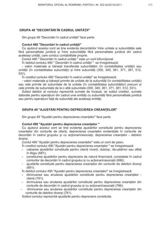 MONITORUL OFICIAL AL ROMÂNIEI, PARTEA I, Nr. 522 bis/25.VII.2011                     113
                                                                                            www.CodFiscal.net




GRUPA 48 "DECONT RI ÎN CADRUL UNIT                  II"

  Din grupa 48 "Decont ri în cadrul unit ii" face parte:

   Contul 480 "Decont ri în cadrul unit ii"
   Cu ajutorul acestui cont se ine eviden a decont rilor între unitate i subunit ile sale
f r personalitate juridic      i între subunit ile f r personalitate juridic din cadrul
aceleia i unit i, care conduc contabilitate proprie.
   Contul 480 " Decont ri în cadrul unit ii " este un cont bifunc ional.
   În debitul contului 480 " Decont ri în cadrul unit ii " se înregistreaz :
   - valori materiale i b ne ti transferate subunit ilor (în contabilitatea unit ii) sau
unit ii (în contabilitatea subunit ii) i între subunit i (300, 340, 361, 371, 381, 512,
531).
   În creditul contului 480 "Decont ri în cadrul unit ii" se înregistreaz :
   - valori materiale i b ne ti primite de unitate de la subunit i (în contabilitatea unit ii)
sau cele primite de subunitate de la unitate (în contabilitatea subunit ilor) precum i
cele primite de subunitate de la o alt subunitate (300, 340, 361, 371, 381, 512, 531).
   Soldul debitor al contului reprezint sumele de încasat, iar soldul creditor, sumele
datorate pentru opera iuni din cadrul unei entit i cu subunit i f r personalitate juridic
sau pentru opera iuni fa de subunit i ale aceleia i entit i.


  GRUPA 49 "AJUST RI PENTRU DEPRECIEREA CREAN ELOR"

  Din grupa 49 "Ajust ri pentru deprecierea crean elor" face parte:

    Contul 490 "Ajust ri pentru deprecierea crean elor "
    Cu ajutorul acestui cont se ine eviden a ajust rilor constituite pentru deprecierea
crean elor din conturile de clien i, deprecierea crean elor eviden iate în conturile de
decont ri în cadrul grupului i cu ac ionarii/asocia ii, deprecierea crean elor - debitori
diver i.
    Contul 490 "Ajust ri pentru deprecierea crean elor" este un cont de pasiv.
    În creditul contului 490 "Ajust ri pentru deprecierea crean elor " se înregistreaz :
   - valoarea ajust rilor constituite pentru clien i incer i, dubio i, r u-platnici sau afla i
        în litigiu (681);
   - constituirea ajust rilor pentru depreciere de natur financiar , constatate în cadrul
        conturilor de decont ri în cadrul grupului i cu ac ionarii/asocia ii (686);
   - ajust rile constituite pentru deprecierea crean elor din conturile de debitori diver i
        (681).
    În debitul contului 490 "Ajust ri pentru deprecierea crean elor" se înregistreaz :
   - diminuarea sau anularea ajust rilor constituite pentru deprecierea crean elor -
        clien i (781);
   - diminuarea sau anularea ajust rilor constituite pentru deprecierea crean elor din
        conturile de decont ri în cadrul grupului i cu ac ionarii/asocia ii (786);
  -      diminuarea sau anularea ajust rilor constituite pentru deprecierea crean elor din
       conturile de debitori diver i (781).
    Soldul contului reprezint ajust rile pentru depreciere constituite.


                                                                                          110
 