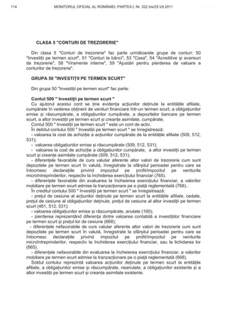 114                 MONITORUL OFICIAL AL ROMÂNIEI, PARTEA I, Nr. 522 bis/25.VII.2011             www.CodFiscal.net




           CLASA 5 "CONTURI DE TREZORERIE"

         Din clasa 5 "Conturi de trezorerie" fac parte urm toarele grupe de conturi: 50
      "Investi ii pe termen scurt", 51 "Conturi la b nci", 53 "Casa", 54 "Acreditive i avansuri
      de trezorerie", 58 "Viramente interne", 59 "Ajust ri pentru pierderea de valoare a
      conturilor de trezorerie".

        GRUPA 50 "INVESTI II PE TERMEN SCURT"

        Din grupa 50 "Investi ii pe termen scurt" fac parte:

         Contul 500 " Investi ii pe termen scurt "
         Cu ajutorul acestui cont se ine eviden a ac iunilor de inute la entit ile afiliate,
      cump rate în vederea ob inerii de venituri financiare într-un termen scurt, a obliga iunilor
      emise i r scump rate, a obliga iunilor cump rate, a depozitelor bancare pe termen
      scurt, a altor investi ii pe termen scurt i crean e asimilate, cump rate.
         Contul 500 " Investi ii pe termen scurt " este un cont de activ.
         În debitul contului 500 " Investi ii pe termen scurt " se înregistreaz :
         - valoarea la cost de achizi ie a ac iunilor cump rate de la entit ile afiliate (509, 512,
      531);
         - valoarea obliga iunilor emise i r scump rate (509, 512, 531);
         - valoarea la cost de achizi ie a obliga iunilor cump rate, a altor investi ii pe termen
      scurt i crean e asimilate cump rate (509, 512, 531);
         - diferen ele favorabile de curs valutar aferente altor valori de trezorerie cum sunt
      depozitele pe termen scurt în valut , înregistrate la sfâr itul perioadei pentru care se
      întocmesc declara iile privind impozitul pe profit/impozitul pe veniturile
      microîntreprinderilor, respectiv la închiderea exerci iului financiar (765).
         - diferen ele favorabile din evaluarea la încheierea exerci iului financiar, a valorilor
      mobiliare pe termen scurt admise la tranzac ionare pe o pia reglementat (768)..
         În creditul contului 500 " Investi ii pe termen scurt " se înregistreaz :
         - pre ul de cesiune al ac iunilor de inute pe termen scurt la entit ile afiliate, cedate,
      pre ul de cesiune al obliga iunilor de inute, pre ul de cesiune al altor investi ii pe termen
      scurt (461, 512, 531);
         - valoarea obliga iunilor emise i r scump rate, anulate (160);
         - pierderea reprezentând diferen a dintre valoarea contabil a investi iilor financiare
      pe termen scurt i pre ul lor de cesiune (668);
        - diferen ele nefavorabile de curs valutar aferente altor valori de trezorerie cum sunt
      depozitele pe termen scurt în valut , înregistrate la sfâr itul perioadei pentru care se
      întocmesc declara iile privind impozitul pe profit/impozitul pe veniturile
      microîntreprinderilor, respectiv la închiderea exerci iului financiar, sau la lichidarea lor
      (665).
         - diferen ele nefavorabile din evaluarea la încheierea exerci iului financiar, a valorilor
      mobiliare pe termen scurt admise la tranzac ionare pe o pia reglementat (668).
         Soldul contului reprezint valoarea ac iunilor de inute pe termen scurt la entit ile
      afiliate, a obliga iunilor emise i r scump rate, neanulate, a obliga iunilor existente i a
      altor investi ii pe termen scurt i crean e asimilate existente.



                                                                                               111
 