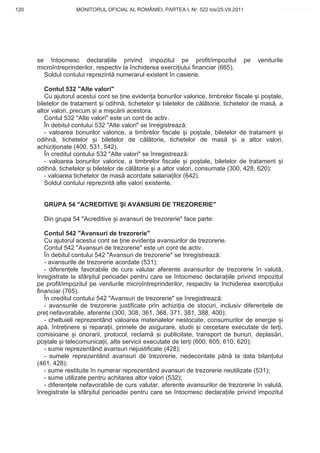 120                 MONITORUL OFICIAL AL ROMÂNIEI, PARTEA I, Nr. 522 bis/25.VII.2011              www.CodFiscal.net




      se întocmesc declara iile privind impozitul pe profit/impozitul                pe   veniturile
      microîntreprinderilor, respectiv la închiderea exerci iului financiar (665).
        Soldul contului reprezint numerarul existent în casierie.

         Contul 532 "Alte valori"
         Cu ajutorul acestui cont se ine eviden a bonurilor valorice, timbrelor fiscale i po tale,
      biletelor de tratament i odihn , tichetelor i biletelor de c l torie, tichetelor de mas , a
      altor valori, precum i a mi c rii acestora.
         Contul 532 "Alte valori" este un cont de activ.
         În debitul contului 532 "Alte valori" se înregistreaz :
         - valoarea bonurilor valorice, a timbrelor fiscale i po tale, biletelor de tratament i
      odihn , tichetelor i biletelor de c l torie, tichetelor de mas             i a altor valori,
      achizi ionate (400, 531, 542).
         În creditul contului 532 "Alte valori" se înregistreaz :
         - valoarea bonurilor valorice, a timbrelor fiscale i po tale, biletelor de tratament i
      odihn , tichetelor i biletelor de c l torie i a altor valori, consumate (300, 428, 620);
         - valoarea tichetelor de mas acordate salaria ilor (642).
         Soldul contului reprezint alte valori existente.


        GRUPA 54 "ACREDITIVE I AVANSURI DE TREZORERIE"

        Din grupa 54 "Acreditive i avansuri de trezorerie" face parte:

         Contul 542 "Avansuri de trezorerie"
         Cu ajutorul acestui cont se ine eviden a avansurilor de trezorerie.
         Contul 542 "Avansuri de trezorerie" este un cont de activ.
         În debitul contului 542 "Avansuri de trezorerie" se înregistreaz :
         - avansurile de trezorerie acordate (531);
         - diferen ele favorabile de curs valutar aferente avansurilor de trezorerie în valut ,
      înregistrate la sfâr itul perioadei pentru care se întocmesc declara iile privind impozitul
      pe profit/impozitul pe veniturile microîntreprinderilor, respectiv la închiderea exerci iului
      financiar (765).
         În creditul contului 542 "Avansuri de trezorerie" se înregistreaz :
         - avansurile de trezorerie justificate prin achizi ia de stocuri, inclusiv diferen ele de
      pre nefavorabile, aferente (300, 308, 361, 368, 371, 381, 388, 400);
         - cheltuieli reprezentând valoarea materialelor nestocate, consumurilor de energie i
      ap , între inere i repara ii, primele de asigurare, studii i cercetare executate de ter i,
      comisioane i onorarii, protocol, reclam        i publicitate, transport de bunuri, deplas ri,
      po tale i telecomunica ii, alte servicii executate de ter i (600, 605, 610, 620);
         - sume reprezentând avansuri nejustificate (428);
         - sumele reprezentând avansuri de trezorerie, nedecontate pân la data bilan ului
      (461, 428);
         - sume restituite în numerar reprezentând avansuri de trezorerie neutilizate (531);
         - sume utilizate pentru achitarea altor valori (532);
         - diferen ele nefavorabile de curs valutar, aferente avansurilor de trezorerie în valut ,
      înregistrate la sfâr itul perioadei pentru care se întocmesc declara iile privind impozitul


                                                                                                117
 