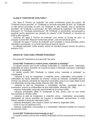 122                  MONITORUL OFICIAL AL ROMÂNIEI, PARTEA I, Nr. 522 bis/25.VII.2011               www.CodFiscal.net




        CLASA 6 "CONTURI DE CHELTUIELI"

         Din clasa 6 "Conturi de cheltuieli" fac parte urm toarele grupe de conturi: 60
      "Cheltuieli privind stocurile", 61 "Cheltuieli cu serviciile executate de ter i", 62 "Cheltuieli
      cu alte servicii executate de ter i", 63 "Cheltuieli cu alte impozite, taxe i v rs minte
      asimilate", 64 "Cheltuieli cu personalul", 65 "Alte cheltuieli de exploatare", 66 "Cheltuieli
      financiare", 67 "Cheltuieli extraordinare", 68 "Cheltuieli cu amortiz rile, provizioanele i
      ajust rile pentru depreciere sau pierdere de valoare" i 69 "Cheltuieli cu impozitul pe
      profit i alte impozite".
         Conturile din clasa 6 "Conturi de cheltuieli" sunt conturi cu func ie de activ, cu
      excep ia contului 609 “Reduceri comerciale primite”, care are func ie de pasiv.
         Conturile din clasa 6 "Conturi de cheltuieli" pot fi creditate în cursul perioadei, pentru
      opera iile în participa ie, cu sumele transmise pe baz de decont.
         La sfâr itul perioadei, soldul acestor conturi se transfer asupra contului de profit i
      pierdere (121).


        GRUPA 60 "CHELTUIELI PRIVIND STOCURILE"

        Din grupa 60 "Cheltuieli privind stocurile" fac parte:

          Contul 600 "Cheltuieli cu materii prime, materiale i ambalaje"
          Cu ajutorul acestui cont se ine eviden a cheltuielilor cu: materiile prime, materialele,
      materialele de natura obiectelor de inventar la darea în folosin a acestora, materialele
      nestocate i ambalajele.
          În debitul contului 600 "Cheltuieli cu materii prime, materiale i ambalaje" se
      înregistreaz :
          - valoarea la pre de înregistrare a materiilor prime, materialelor consumabile, a
      materialelor de natura obiectelor de inventar, incluse pe cheltuieli, constatate lips la
      inventar sau distruse, pierderile din deprecieri ireversibile, precum i a celor aflate la ter i
        i a diferen elor de pre nefavorabile, aferente (300, 308, 350);
         - valoarea la pre de înregistrare a ambalajelor vândute, constatate lips la
      inventariere, precum i a diferen elor de pre nefavorabile, aferente (381, 388);
         - valoarea materialelor nestocate aprovizionate de la furnizori (400);
         - valoarea ambalajelor aflate în consigna ie la ter i, pentru care au fost emise
      documentele de vânzare (350);
         - valoarea la pre de înregistrare a materiilor prime, materialelor consumabile,
      materialelor de natura obiectelor de inventar i ambalajelor aprovizionate, în cazul
      folosirii metodei inventarului intermitent (400);
         - valoarea ambalajelor care circul în sistem de restituire, degradate (409);
         - sume în curs de clarificare (473).
         - valoarea materialelor consumabile i a materialelor nestocate achitate din avansuri
      de trezorerie (542).

        Contul 605 "Cheltuieli privind energia i apa"
        Cu ajutorul acestui cont se ine eviden a cheltuielilor privind consumurile de energie i
      ap .


                                                                                                  119
 