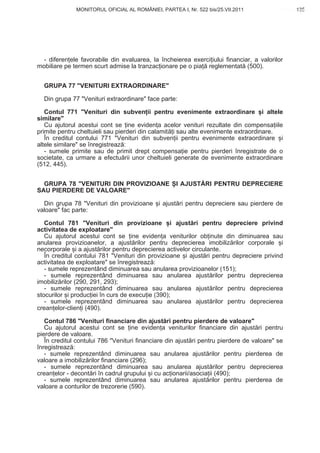 MONITORUL OFICIAL AL ROMÂNIEI, PARTEA I, Nr. 522 bis/25.VII.2011                   135
                                                                                          www.CodFiscal.net




  - diferen ele favorabile din evaluarea, la încheierea exerci iului financiar, a valorilor
mobiliare pe termen scurt admise la tranzac ionare pe o pia reglementat (500).


  GRUPA 77 "VENITURI EXTRAORDINARE"

  Din grupa 77 "Venituri extraordinare" face parte:

   Contul 771 "Venituri din subven ii pentru evenimente extraordinare i altele
similare"
   Cu ajutorul acestui cont se ine eviden a acelor venituri rezultate din compensa iile
primite pentru cheltuieli sau pierderi din calamit i sau alte evenimente extraordinare.
   În creditul contului 771 "Venituri din subven ii pentru evenimente extraordinare i
altele similare" se înregistreaz :
   - sumele primite sau de primit drept compensa ie pentru pierderi înregistrate de o
societate, ca urmare a efectu rii unor cheltuieli generate de evenimente extraordinare
(512, 445).


  GRUPA 78 "VENITURI DIN PROVIZIOANE                I AJUST RI PENTRU DEPRECIERE
SAU PIERDERE DE VALOARE"

  Din grupa 78 "Venituri din provizioane i ajust ri pentru depreciere sau pierdere de
valoare" fac parte:

   Contul 781 "Venituri din provizioane i ajust ri pentru depreciere privind
activitatea de exploatare"
   Cu ajutorul acestui cont se ine eviden a veniturilor ob inute din diminuarea sau
anularea provizioanelor, a ajust rilor pentru deprecierea imobiliz rilor corporale i
necorporale i a ajust rilor pentru deprecierea activelor circulante.
   În creditul contului 781 "Venituri din provizioane i ajust ri pentru depreciere privind
activitatea de exploatare" se înregistreaz :
   - sumele reprezentând diminuarea sau anularea provizioanelor (151);
   - sumele reprezentând diminuarea sau anularea ajust rilor pentru deprecierea
imobiliz rilor (290, 291, 293);
   - sumele reprezentând diminuarea sau anularea ajust rilor pentru deprecierea
stocurilor i produc iei în curs de execu ie (390);
   - sumele reprezentând diminuarea sau anularea ajust rilor pentru deprecierea
crean elor-clien i (490).

   Contul 786 "Venituri financiare din ajust ri pentru pierdere de valoare"
   Cu ajutorul acestui cont se ine eviden a veniturilor financiare din ajust ri pentru
pierdere de valoare.
   În creditul contului 786 "Venituri financiare din ajust ri pentru pierdere de valoare" se
înregistreaz :
   - sumele reprezentând diminuarea sau anularea ajust rilor pentru pierderea de
valoare a imobiliz rilor financiare (296);
   - sumele reprezentând diminuarea sau anularea ajust rilor pentru deprecierea
crean elor - decont ri în cadrul grupului i cu ac ionarii/asocia ii (490);
   - sumele reprezentând diminuarea sau anularea ajust rilor pentru pierderea de
valoare a conturilor de trezorerie (590).


                                                                                        132
 