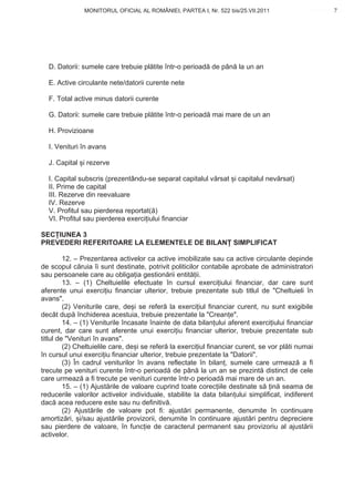 MONITORUL OFICIAL AL ROMÂNIEI, PARTEA I, Nr. 522 bis/25.VII.2011                          7
                                                                                              www.CodFiscal.net




  D. Datorii: sumele care trebuie pl tite într-o perioad de pân la un an

  E. Active circulante nete/datorii curente nete

  F. Total active minus datorii curente

  G. Datorii: sumele care trebuie pl tite într-o perioad mai mare de un an

  H. Provizioane

  I. Venituri în avans

  J. Capital i rezerve

  I. Capital subscris (prezentându-se separat capitalul v rsat i capitalul nev rsat)
  II. Prime de capital
  III. Rezerve din reevaluare
  IV. Rezerve
  V. Profitul sau pierderea reportat( )
  VI. Profitul sau pierderea exerci iului financiar

SEC IUNEA 3
PREVEDERI REFERITOARE LA ELEMENTELE DE BILAN SIMPLIFICAT

         12. – Prezentarea activelor ca active imobilizate sau ca active circulante depinde
de scopul c ruia îi sunt destinate, potrivit politicilor contabile aprobate de administratori
sau persoanele care au obliga ia gestion rii entit ii.
         13. – (1) Cheltuielile efectuate în cursul exerci iului financiar, dar care sunt
aferente unui exerci iu financiar ulterior, trebuie prezentate sub titlul de "Cheltuieli în
avans".
         (2) Veniturile care, de i se refer la exerci iul financiar curent, nu sunt exigibile
decât dup închiderea acestuia, trebuie prezentate la "Crean e".
         14. – (1) Veniturile încasate înainte de data bilan ului aferent exerci iului financiar
curent, dar care sunt aferente unui exerci iu financiar ulterior, trebuie prezentate sub
titlul de "Venituri în avans".
         (2) Cheltuielile care, de i se refer la exerci iul financiar curent, se vor pl ti numai
în cursul unui exerci iu financiar ulterior, trebuie prezentate la "Datorii".
         (3) În cadrul veniturilor în avans reflectate în bilan , sumele care urmeaz a fi
trecute pe venituri curente într-o perioad de pân la un an se prezint distinct de cele
care urmeaz a fi trecute pe venituri curente într-o perioad mai mare de un an.
         15. – (1) Ajust rile de valoare cuprind toate corec iile destinate s in seama de
reducerile valorilor activelor individuale, stabilite la data bilan ului simplificat, indiferent
dac acea reducere este sau nu definitiv .
         (2) Ajust rile de valoare pot fi: ajust ri permanente, denumite în continuare
amortiz ri, i/sau ajust rile provizorii, denumite în continuare ajust ri pentru depreciere
sau pierdere de valoare, în func ie de caracterul permanent sau provizoriu al ajust rii
activelor.


                                                                                              4
 