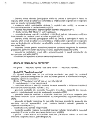 76                  MONITORUL OFICIAL AL ROMÂNIEI, PARTEA I, Nr. 522 bis/25.VII.2011                www.CodFiscal.net




        - diferen a dintre valoarea participa iilor primite ca urmare a particip rii în natur la
     capitalul altor entit i i valoarea neamortizat a imobiliz rilor corporale i necorporale
     care fac obiectul participa iei (260);
        - majorarea valorii participa iilor de inute în capitalul altor entit i, ca urmare a
     încorpor rii rezervelor în capitalul acestora (260);
        - valoarea instrumentelor de capitaluri proprii acordate angaja ilor (641).
        În debitul contului 106 "Rezerve" se înregistreaz :
        - rezervele destinate major rii capitalului, potrivit legii, inclusiv cele corespunz toare
     instrumentelor de capitaluri proprii acordate angaja ilor (101);
        - diferen a dintre valoarea participa iilor primite ca urmare a particip rii în natur la
     capitalul altor entit i i valoarea neamortizat a imobiliz rilor corporale i necorporale
     care au f cut obiectul participa iei, transferat la venituri cu ocazia ced rii participa iilor
     respective (768);
        - rezervele utilizate pentru acoperirea pierderilor contabile înregistrate în exerci iile
     precedente, conform hot rârii adun rii generale a ac ionarilor/asocia ilor (117);
        - decontarea capitalurilor proprii c tre ac ionari/asocia i, în cazul opera iunilor de
     reorganizare, potrivit legii (456).
        Soldul contului reprezint rezervele existente i neutilizate.


       GRUPA 11 "REZULTATUL REPORTAT"

       Din grupa 11 "Rezultatul reportat" face parte contul 117 "Rezultatul reportat".

        Contul 117 "Rezultatul reportat"
        Cu ajutorul acestui cont se ine eviden a rezultatului sau p r ii din rezultatul
     exerci iului precedent nerepartizat de c tre adunarea general a ac ionarilor/asocia ilor,
     respectiv a pierderii neacoperite.
        Contul 117 "Rezultatul reportat" este un cont bifunc ional.
        În creditul acestui cont se înregistreaz :
        - profitul net realizat în exerci iul financiar încheiat, eviden iat la începutul exerci iului
     financiar urm tor în rezultatul reportat (121);
        - pierderile contabile ale exerci iilor financiare precedente, acoperite din rezerve,
     conform hot rârii adun rii generale a ac ionarilor/asocia ilor (106);
        - pierderile contabile realizate în exerci iile financiare precedente, acoperite prin
     reducerea capitalului social, conform hot rârii adun rii generale a ac ionarilor/asocia ilor
     (101);
        - pierderile contabile înregistrate în exerci iile financiare precedente, acoperite din
     rezultatul reportat reprezentând profit, conform hot rârii adun rii generale a
     ac ionarilor/asocia ilor (117).
     . În debitul acestui cont se înregistreaz :
        - pierderile contabile realizate în exerci iul financiar încheiat, transferate la începutul
     exerci iului financiar urm tor asupra rezultatului reportat (121);
        - profitul contabil realizat în exerci iile financiare precedente, utilizat ca surs de
     majorare a capitalului social, potrivit legii (101);




                                                                                                   73
 