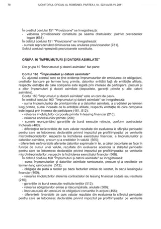 78                 MONITORUL OFICIAL AL ROMÂNIEI, PARTEA I, Nr. 522 bis/25.VII.2011             www.CodFiscal.net




       În creditul contului 151 "Provizioane" se înregistreaz :
       - valoarea provizioanelor constituite pe seama cheltuielilor, potrivit prevederilor
           legale (681);
       În debitul contului 151 "Provizioane" se înregistreaz :
       - sumele reprezentând diminuarea sau anularea provizioanelor (781).
       Soldul contului reprezint provizioanele constituite.


       GRUPA 16 "ÎMPRUMUTURI I DATORII ASIMILATE"

       Din grupa 16 "Împrumuturi i datorii asimilate" fac parte:

        Contul 160 "Împrumuturi i datorii asimilate"
        Cu ajutorul acestui cont se ine eviden a împrumuturilor din emisiunea de obliga iuni,
     creditelor bancare pe termen lung primite, datoriilor entit ii fa de entit ile afiliate,
     respectiv entit ile de care compania este legat prin interese de participare, precum i
     a altor împrumuturi i datorii asimilate (depozitele, garan ii primite i alte datorii
     asimilate).
        Contul 160 "Împrumuturi i datorii asimilate" este un cont de pasiv.
        În creditul contului 160 "Împrumuturi i datorii asimilate" se înregistreaz :
        - suma împrumuturilor de primit/primite i a datoriilor asimilate, a creditelor pe termen
     lung primite, sume încasate de la entit ile afiliate, respectiv entit ile de care compania
     este legat prin interese de participare (461, 512);
        - valoarea imobiliz rilor corporale primite în leasing financiar (210);
        - valoarea concesiunilor primite (200);
        - sumele reprezentând garan iile de bun execu ie re inute, conform contractelor
     încheiate (400);
        - diferen ele nefavorabile de curs valutar rezultate din evaluarea la sfâr itul perioadei
     pentru care se întocmesc declara iile privind impozitul pe profit/impozitul pe veniturile
     microîntreprinderilor, respectiv la închiderea exerci iului financiar, a împrumuturilor i
     datoriilor asimilate, precum i a creditelor în valut (665);
     - diferen ele nefavorabile aferente datoriilor exprimate în lei, a c ror decontare se face în
     func ie de cursul unei valute, rezultate din evaluarea acestora la sfâr itul perioadei
     pentru care se întocmesc declara iile privind impozitul pe profit/impozitul pe veniturile
     microîntreprinderilor, respectiv la închiderea exerci iului financiar (668).
        În debitul contului 160 "Împrumuturi i datorii asimilate" se înregistreaz :
        - suma împrumuturilor i datoriilor asimilate rambursate, precum i a creditelor pe
     termen lung rambursate (512);
        - obliga ia de plat a ratelor pe baza facturilor emise de locator, în cazul leasingului
     financiar (400);
        - valoarea imobiliz rilor aferente contractelor de leasing financiar cedate sau restituite
     (210);
        - garan iile de bun execu ie restituite ter ilor (512);
        - valoarea obliga iunilor emise i r scump rate, anulate (500);
        - împrumuturile din emisiuni de obliga iuni convertite în ac iuni (456);
        - diferen ele favorabile de curs valutar rezultate din evaluarea la sfâr itul perioadei
     pentru care se întocmesc declara iile privind impozitul pe profit/impozitul pe veniturile


                                                                                               75
 