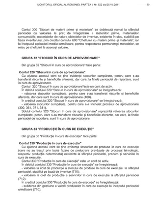 MONITORUL OFICIAL AL ROMÂNIEI, PARTEA I, Nr. 522 bis/25.VII.2011                      89
                                                                                           www.CodFiscal.net




   Contul 300 "Stocuri de materii prime i materiale" se debiteaz numai la sfâr itul
perioadei cu valoarea la pre de înregistrare a materiilor prime, materialelor
consumabile, materialelor de natura obiectelor de inventar, existente în stoc, stabilit pe
baza inventarului, prin creditul contului 600 "Cheltuieli cu materii prime i materiale", iar
la începutul perioadei imediat urm toare, pentru respectarea permanen ei metodelor, se
reiau pe cheltuieli la aceea i valoare.


  GRUPA 32 "STOCURI ÎN CURS DE APROVIZIONARE"

  Din grupa 32 "Stocuri în curs de aprovizionare" face parte:

 Contul 320 "Stocuri în curs de aprovizionare"
   Cu ajutorul acestui cont se ine eviden a stocurilor cump rate, pentru care s-au
transferat riscurile i beneficiile aferente, dar care, la finele perioadei de raportare, sunt
în curs de aprovizionare.
   Contul 320 "Stocuri în curs de aprovizionare"este un cont de activ.
   În debitul contului 320 "Stocuri în curs de aprovizionare" se înregistreaz :
   - valoarea stocurilor cump rate, pentru care s-au transferat riscurile i beneficiile
aferente, dar care sunt în curs de aprovizionare (400).
   În creditul contului 320 "Stocuri în curs de aprovizionare" se înregistreaz :
   - valoarea stocurilor cump rate, pentru care s-a încheiat procesul de aprovizionare
(300, 361, 371, 381).
   Soldul contului 320 "Stocuri în curs de aprovizionare" reprezint valoarea stocurilor
cump rate, pentru care s-au transferat riscurile i beneficiile aferente, dar care, la finele
perioadei de raportare, sunt în curs de aprovizionare.


  GRUPA 33 "PRODUC IE ÎN CURS DE EXECU IE"

  Din grupa 33 "Produc ie în curs de execu ie" face parte:

 Contul 330 "Produc ie în curs de execu ie"
   Cu ajutorul acestui cont se ine eviden a stocurilor de produse în curs de execu ie
(care nu au trecut prin toate fazele de prelucrare prev zute de procesul tehnologic,
respectiv produc ia neterminat ) existente la sfâr itul perioadei, precum i serviciile în
curs de execu ie.
   Contul 330 "Produc ie în curs de execu ie" este un cont de activ.
   În debitul contului 330 "Produc ie în curs de execu ie" se înregistreaz :
   - valoarea la cost de produc ie a stocului de produse în curs de execu ie la sfâr itul
perioadei, stabilit pe baz de inventar (710);
   - valoarea la cost de produc ie a serviciilor în curs de execu ie la sfâr itul perioadei
(710).
   În creditul contului 330 "Produc ie în curs de execu ie" se înregistreaz :
   - sc derea din gestiune a valorii produselor în curs de execu ie la începutul perioadei
urm toare (710);



                                                                                          86
 