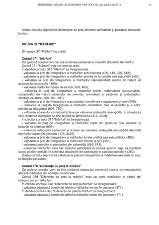MONITORUL OFICIAL AL ROMÂNIEI, PARTEA I, Nr. 522 bis/25.VII.2011                       93
                                                                                             www.CodFiscal.net




   Soldul contului reprezint diferen ele de pre aferente animalelor i p s rilor existente
în stoc.


  GRUPA 37 "M RFURI"

  Din grupa 37 "M rfuri" fac parte:

   Contul 371 "M rfuri"
   Cu ajutorul acestui cont se ine eviden a existen ei i mi c rii stocurilor de m rfuri.
   Contul 371 "M rfuri" este un cont de activ.
   În debitul contului 371 "M rfuri" se înregistreaz :
   - valoarea la pre de înregistrare a m rfurilor achizi ionate (400, 446, 320, 542);
   - valoarea la pre de înregistrare a m rfurilor primite de la unitate sau subunit i (480);
   - valoarea la pre de înregistrare a m rfurilor reprezentând aportul în natur al
ac ionarilor/asocia ilor (456);
   - valoarea m rfurilor aduse de la ter i (350, 400);
   - valoarea la pre de înregistrare a materiilor prime, materialelor consumabile,
materialelor de natura obiectelor de inventar, animalelor i p s rilor i ambalajelor,
vândute ca atare (300, 361, 381);
   - valoarea la pre de înregistrare a produselor transferate magazinelor proprii (340);
   - valoarea la pre de înregistrare a m rfurilor constatate plus la inventar i a celor
primite cu titlu gratuit (607, 750);
   - valoarea adaosului comercial i taxa pe valoarea ad ugat neexigibil , în situa ia în
care eviden a m rfurilor se ine la pre cu am nuntul (378, 4428);
   În creditul contului 371 "M rfuri" se înregistreaz :
   - valoarea la pre de înregistrare a m rfurilor ie ite din gestiune prin vânzare i
lipsurile de inventar (607);
   - valoarea adaosului comercial i a taxei pe valoarea ad ugat neexigibil aferent
m rfurilor ie ite din gestiune (378, 4428);
   - valoarea la pre de înregistrare a m rfurilor livrate unit ii sau subunit ilor (480);
   - valoarea la pre de înregistrare a m rfurilor trimise la ter i (350);
   - valoarea dona iilor i pierderilor din calamit i (650, 671);
   - valoarea m rfurilor care fac obiectul particip rii în natur , potrivit legii, la capitalul
social al altor entit i, în schimbul dobândirii de participa ii în capitalul acestora (260).
   Soldul contului reprezint valoarea la pre de înregistrare a m rfurilor existente în stoc
la sfâr itul perioadei.

   Contul 378 "Diferen e de pre la m rfuri"
   Cu ajutorul acestui cont se ine eviden a adaosului comercial (marja comerciantului)
aferent m rfurilor din unit ile comerciale.
   Contul 378 "Diferen e de pre la m rfuri" este un cont rectificativ al valorii de
înregistrare a m rfurilor.
   În creditul contului 378 "Diferen e de pre la m rfuri" se înregistreaz :
   - valoarea adaosului comercial aferent m rfurilor intrate în gestiune (371).
   În debitul contului 378 "Diferen e de pre la m rfuri" se înregistreaz :
   - valoarea adaosului comercial aferent m rfurilor ie ite din gestiune (371).


                                                                                            90
 