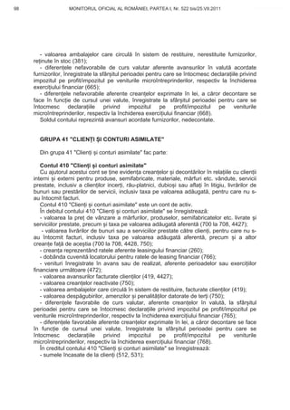 98                  MONITORUL OFICIAL AL ROMÂNIEI, PARTEA I, Nr. 522 bis/25.VII.2011                  www.CodFiscal.net




        - valoarea ambalajelor care circul în sistem de restituire, nerestituite furnizorilor,
     re inute în stoc (381);
        - diferen ele nefavorabile de curs valutar aferente avansurilor în valut acordate
     furnizorilor, înregistrate la sfâr itul perioadei pentru care se întocmesc declara iile privind
     impozitul pe profit/impozitul pe veniturile microîntreprinderilor, respectiv la închiderea
     exerci iului financiar (665);
        - diferen ele nefavorabile aferente crean elor exprimate în lei, a c ror decontare se
     face în func ie de cursul unei valute, înregistrate la sfâr itul perioadei pentru care se
     întocmesc declara iile privind impozitul pe profit/impozitul pe veniturile
     microîntreprinderilor, respectiv la închiderea exerci iului financiar (668).
        Soldul contului reprezint avansuri acordate furnizorilor, nedecontate.


       GRUPA 41 "CLIEN I I CONTURI ASIMILATE"

       Din grupa 41 "Clien i i conturi asimilate" fac parte:

        Contul 410 "Clien i i conturi asimilate"
        Cu ajutorul acestui cont se ine eviden a crean elor i decont rilor în rela iile cu clien ii
     interni i externi pentru produse, semifabricate, materiale, m rfuri etc. vândute, servicii
     prestate, inclusiv a clien ilor incer i, r u-platnici, dubio i sau afla i în litigiu, livr rilor de
     bunuri sau prest rilor de servicii, inclusiv taxa pe valoarea ad ugat , pentru care nu s-
     au întocmit facturi.
        Contul 410 "Clien i i conturi asimilate" este un cont de activ.
        În debitul contului 410 "Clien i i conturi asimilate" se înregistreaz :
        - valoarea la pre de vânzare a m rfurilor, produselor, semifabricatelor etc. livrate i
     serviciilor prestate, precum i taxa pe valoarea ad ugat aferent (700 la 708, 4427);
         - valoarea livr rilor de bunuri sau a serviciilor prestate c tre clien i, pentru care nu s-
     au întocmit facturi, inclusiv taxa pe valoarea ad ugat aferent , precum i a altor
     crean e fa de ace tia (700 la 708, 4428, 750);
        - crean a reprezentând ratele aferente leasingului financiar (260);
        - dobânda cuvenit locatorului pentru ratele de leasing financiar (766);
        - venituri înregistrate în avans sau de realizat, aferente perioadelor sau exerci iilor
     financiare urm toare (472);
        - valoarea avansurilor facturate clien ilor (419, 4427);
        - valoarea crean elor reactivate (750);
        - valoarea ambalajelor care circul în sistem de restituire, facturate clien ilor (419);
        - valoarea desp gubirilor, amenzilor i penalit ilor datorate de ter i (750);
        - diferen ele favorabile de curs valutar, aferente crean elor în valut , la sfâr itul
     perioadei pentru care se întocmesc declara iile privind impozitul pe profit/impozitul pe
     veniturile microîntreprinderilor, respectiv la închiderea exerci iului financiar (765);
        - diferen ele favorabile aferente crean elor exprimate în lei, a c ror decontare se face
     în func ie de cursul unei valute, înregistrate la sfâr itul perioadei pentru care se
     întocmesc declara iile privind impozitul pe profit/impozitul pe veniturile
     microîntreprinderilor, respectiv la închiderea exerci iului financiar (768).
        În creditul contului 410 "Clien i i conturi asimilate" se înregistreaz :
        - sumele încasate de la clien i (512, 531);


                                                                                                     95
 