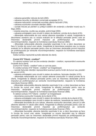 MONITORUL OFICIAL AL ROMÂNIEI, PARTEA I, Nr. 522 bis/25.VII.2011                       99
                                                                                            www.CodFiscal.net




     - valoarea garan iilor re inute de ter i (260);
     - valoarea cecurilor i efectelor comerciale acceptate (511);
     - valoarea reducerilor comerciale acordate ulterior factur rii (709);
     - valoarea sconturilor acordate clien ilor (668);
     - sumele trecute pe pierderi cu prilejul sc derii din eviden a clien ilor incer i sau în
litigiu (650);
    - crean e prescrise, scutite sau anulate, potrivit legii (650);
     - valoarea ambalajelor care circul în sistem de restituire, primite de la clien i (419);
     - diferen ele nefavorabile de curs valutar aferente crean elor în valut , înregistrate la
decontarea acestora sau cu ocazia evalu rii lor la sfâr itul perioadei pentru care se
întocmesc declara iile privind impozitul pe profit/impozitul pe veniturile
microîntreprinderilor, respectiv la închiderea exerci iului financiar (665);
     - diferen ele nefavorabile aferente crean elor exprimate în lei, a c ror decontare se
face în func ie de cursul unei valute, înregistrate la decontarea acestora sau cu ocazia
evalu rii lor la sfâr itul perioadei pentru care se întocmesc declara iile privind impozitul
pe profit/impozitul pe veniturile microîntreprinderilor, respectiv la închiderea exerci iului
financiar (668).
     Soldul contului reprezint sumele datorate de clien i.

   Contul 419 "Clien i - creditori"
   Cu ajutorul acestui cont se ine eviden a clien ilor - creditori, reprezentând avansurile
încasate de la clien i.
   Contul 419 "Clien i - creditori" este un cont de pasiv.
   În creditul contului 419 "Clien i - creditori" se înregistreaz :
   - sumele facturate clien ilor reprezentând avansuri pentru livr ri de bunuri sau prest ri
de servicii (410);
   - valoarea ambalajelor care circul în sistem de restituire, facturate clien ilor (410);
   - diferen ele nefavorabile de curs valutar aferente avansurilor în valut primite de la
clien i, înregistrate la sfâr itul perioadei pentru care se întocmesc declara iile privind
impozitul pe profit/impozitul pe veniturile microîntreprinderilor, respectiv la închiderea
exerci iului financiar (665);
   - diferen ele nefavorabile aferente datoriilor exprimate în lei, a c ror decontare se face
în func ie de cursul unei valute, înregistrate la sfâr itul perioadei pentru care se
întocmesc declara iile privind impozitul pe profit/impozitul pe veniturile
microîntreprinderilor, respectiv la închiderea exerci iului financiar (668).
   În debitul contului 419 "Clien i - creditori" se înregistreaz :
   - decontarea avansurilor încasate de la clien i (410);
   - valoarea ambalajelor care circul în sistem de restituire, primite de la clien i (410);
   - valoarea ambalajelor care circul în sistem de restituire, nerestituite de clien i (708);
   - diferen ele favorabile de curs valutar, aferente avansurilor decontate, precum i cele
aferente datoriilor în valut c tre clien i, înregistrate la sfâr itul perioadei pentru care se
întocmesc declara iile privind impozitul pe profit/impozitul pe veniturile
microîntreprinderilor, respectiv la închiderea exerci iului financiar (765);
   - diferen ele favorabile, aferente datoriilor exprimate în lei, a c ror decontare se face
în func ie de cursul unei valute, înregistrate cu ocazia decont rii sau la sfâr itul
perioadei pentru care se întocmesc declara iile privind impozitul pe profit/impozitul pe
veniturile microîntreprinderilor, respectiv la închiderea exerci iului financiar (768).


                                                                                           96
 