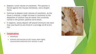  Deposit a small volume of anesthetic. The solution is
forced against the mucous membrane, and a droplet
forms
 Continue to deposit small volumes of anesthetic. As the
tissue is entered, a slight increase in resistance to the
deposition of solution may be noted; this is entirely
normal in the greater palatine nerve block.
 If negative, slowly deposit (30 second minimum) not more
than one-fourth to one-third of a cartridge (0.45 to 0.6
mL)
 Complications
 Hematoma
 Ischemia and necrosis of soft tissues when highly
concentrated vasoconstrictor solution is used
 
