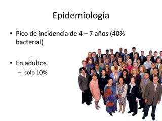Epidemiología
• Pico de incidencia de 4 – 7 años (40%
bacterial)
• En adultos
– solo 10%
 
