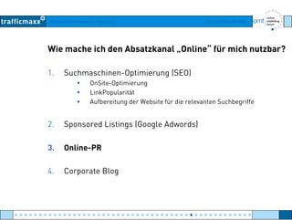 Workshop Suchmaschinen-Marketing Hamburg, 03. Mai 2007
Wie mache ich den Absatzkanal „Online“ für mich nutzbar?
1. Suchmaschinen-Optimierung (SEO)
OnSite OptimierungOnSite-Optimierung
LinkPopularität
Aufbereitung der Website für die relevanten Suchbegriffe
2. Sponsored Listings (Google Adwords)
3. Online-PR
4. Corporate Blog
● ● ● ● ● ● ● ● ● ● ● ● ● ● ● ● ● ● ● ● ● ● ● ● ● ● ● ● ● ● ● ● ● ● ● ● ● ● ● ● ● ● ● ● ● ● ● ● ●
 