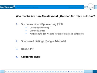 Workshop Suchmaschinen-Marketing Hamburg, 03. Mai 2007
Wie mache ich den Absatzkanal „Online“ für mich nutzbar?
1. Suchmaschinen-Optimierung (SEO)
OnSite OptimierungOnSite-Optimierung
LinkPopularität
Aufbereitung der Website für die relevanten Suchbegriffe
2. Sponsored Listings (Google Adwords)
3. Online-PR
4. Corporate Blog
● ● ● ● ● ● ● ● ● ● ● ● ● ● ● ● ● ● ● ● ● ● ● ● ● ● ● ● ● ● ● ● ● ● ● ● ● ● ● ● ● ● ● ● ● ● ● ● ●
 