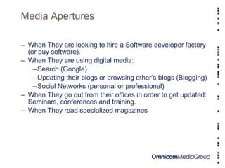 Media Apertures When They are looking to hire a Software developer factory (or buy software). When They are using digital media: Search (Google) Updating their blogs or browsing other’s blogs (Blogging) Social Networks (personal or professional) When They go out from their offices in order to get updated: Seminars, conferences and training. When They read specialized magazines 