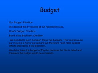 Budget
Our Budget: £5million
We decided this by looking at our reached movies.
Goal’s Budget: £7million
Bend It like Beckham: £4million
We decided to go in between these two budgets. This was because
our movie is a horror as well and will therefore need more special
effects than Bend it like Beckham.
We did not use the budget of Psycho because the film is dated and
therefore the budget would be unrealistic.
 