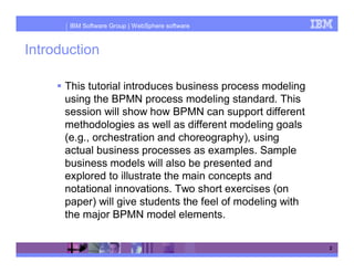 IBM Software Group | WebSphere software



Introduction

      This tutorial introduces business process modeling
      using the BPMN process modeling standard. This
      session will show how BPMN can support different
      methodologies as well as different modeling goals
      (e.g., orchestration and choreography), using
      actual business processes as examples. Sample
      business models will also be presented and
      explored to illustrate the main concepts and
      notational innovations. Two short exercises (on
      paper) will give students the feel of modeling with
      the major BPMN model elements.

                                                            2
 