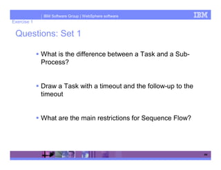 IBM Software Group | WebSphere software
Exercise 1

 Questions: Set 1

             What is the difference between a Task and a Sub-
             Process?


             Draw a Task with a timeout and the follow-up to the
             timeout


             What are the main restrictions for Sequence Flow?




                                                                   44
 