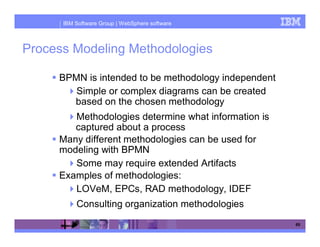 IBM Software Group | WebSphere software



Process Modeling Methodologies

     BPMN is intended to be methodology independent
        Simple or complex diagrams can be created
       based on the chosen methodology
        Methodologies determine what information is
        captured about a process
     Many different methodologies can be used for
     modeling with BPMN
        Some may require extended Artifacts
     Examples of methodologies:
        LOVeM, EPCs, RAD methodology, IDEF
          Consulting organization methodologies
                                                      65
 