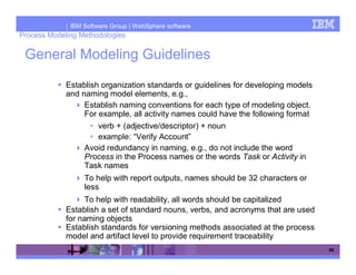 IBM Software Group | WebSphere software
Process Modeling Methodologies

 General Modeling Guidelines
             Establish organization standards or guidelines for developing models
             and naming model elements, e.g.,
                  Establish naming conventions for each type of modeling object.
                  For example, all activity names could have the following format
                    • verb + (adjective/descriptor) + noun
                    • example: “Verify Account”
                  Avoid redundancy in naming, e.g., do not include the word
                  Process in the Process names or the words Task or Activity in
                  Task names
                  To help with report outputs, names should be 32 characters or
                  less
                  To help with readability, all words should be capitalized
             Establish a set of standard nouns, verbs, and acronyms that are used
             for naming objects
             Establish standards for versioning methods associated at the process
             model and artifact level to provide requirement traceability
                                                                                    68
 