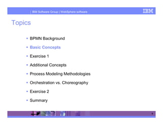 IBM Software Group | WebSphere software



Topics

     BPMN Background

     Basic Concepts

     Exercise 1

     Additional Concepts

     Process Modeling Methodologies

     Orchestration vs. Choreography

     Exercise 2

     Summary


                                                   9
 