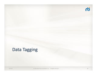 DataTagging:	
  DDS:Tagging:DDS_Discovery	
  	
  
•  DataWriter	
  and	
  DataReader	
  en::es	
  have	
  
associated	
  t...