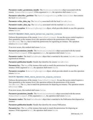 94 DDS Security, v1.0
Parameter reader_permissions_handle: The PermissionsHandle object associated with the
remote DomainParticipant. If this argument is nil, the operation shall return false.
Parameter subscriber_partition: The PartitionQosPolicy of the Subscriber that contains
the local DataReader.
Parameter writer_data_tag: The DataTag associated with the local DataWriter.
Parameter reader_data_tag: The DataTag associated with the matched DataReader.
Parameter exception: A SecurityException object, which provides details in case this operation
returns false.
8.4.2.6.15 Operation: check_remote_datawriter_register_instance
Enforces the permissions of the remote DomainParticipant. In case the access control requires a
finer granularity at the instance level, this operation enforces the permissions of the remote
DataWriter. The key has to match the permissions for registering an instance. The operation
returns a Boolean value.
If an error occurs, this method shall return false.
Parameter permissions_handle: The PermissionsHandle object associated with the remote
DomainParticipant. If this argument is nil, the operation shall return false.
Parameter reader: The local DataReader object that is matched to the remote DataWriter that
registered an instance.
Parameter publication handle: Handle that identifies the remote DataWriter.
Parameter key: The key of the instance that needs to match the permissions for registering an
instance. If this argument is nil, the operation shall return false.
Parameter exception: A SecurityException object, which provides details in case this operation
returns false.
8.4.2.6.16 Operation: check_remote_datawriter_dispose_instance
Enforces the permissions of the remote DomainParticipant. In case the access control requires a
finer granularity at the instance level, this operation enforces the permissions of the remote
DataWriter. The key has to match the permissions for disposing an instance. The operation returns
a Boolean value.
If an error occurs, this method shall return false.
Parameter permissions_handle: The PermissionsHandle object associated with the remote
DomainParticipant. If this argument is nil, the operation shall return false.
Parameter reader: The local DataReader object that is matched to the Publication that disposed an
instance.
Parameter publication handle: Handle that identifies the remote Publication.
Parameter key: The key of the instance that needs to match the permissions for disposing an
instance. If this argument is nil, the operation shall return false.
 