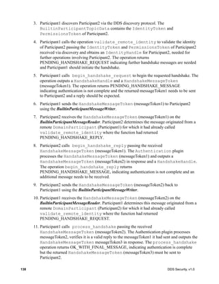 138 DDS Security, v1.0
3. Participant1 discovers Participant2 via the DDS discovery protocol. The
BuiltinParticipantTopicData contains the IdentityToken and
PermissionsToken of Participant2.
4. Participant1 calls the operation validate_remote_identity to validate the identity
of Participant2 passing the IdentityToken and PermissionsToken of Participant2
received via discovery and obtains an IdentityHandle for Participant2, needed for
further operations involving Participant2. The operation returns
PENDING_HANDSHAKE_REQUEST indicating further handshake messages are needed
and Participant1 should initiate the handshake.
5. Participant1 calls begin_handshake_request to begin the requested handshake. The
operation outputs a HandshakeHandle and a HandshakeMessageToken
(messageToken1). The operation returns PENDING_HANDSHAKE_MESSAGE
indicating authentication is not complete and the returned messageToken1 needs to be sent
to Participant2 and a reply should be expected.
6. Participant1 sends the HandshakeMessageToken (messageToken1) to Participant2
using the BuiltinParticipantMessageWriter.
7. Participant2 receives the HandshakeMessageToken (messageToken1) on the
BuiltinParticipantMessageReader. Participant2 determines the message originated from a
remote DomainParticipant (Participant1) for which it had already called
validate_remote_identity where the function had returned
PENDING_HANDSHAKE_REPLY.
8. Participant2 calls begin_handshake_reply passing the received
HandshakeMessageToken (messageToken1). The Authentication plugin
processes the HandshakeMessageToken (messageToken1) and outputs a
HandshakeMessageToken (messageToken2) in response and a HandshakeHandle.
The operation begin_handshake_reply returns
PENDING_HANDSHAKE_MESSAGE, indicating authentication is not complete and an
additional message needs to be received.
9. Participant2 sends the HandshakeMessageToken (messageToken2) back to
Participant1 using the BuiltinParticipantMessageWriter.
10. Participant1 receives the HandshakeMessageToken (messageToken2) on the
BuiltinParticipantMessageReader. Participant1 determines this message originated from a
remote DomainParticipant (Participant2) for which it had already called
validate_remote_identity where the function had returned
PENDING_HANDSHAKE_REQUEST.
11. Participant1 calls process_handshake passing the received
HandshakeMessageToken (messageToken2). The Authentication plugin processes
messageToken2, verifies it is a valid reply to the messageToken1 it had sent and outputs the
HandshakeMessageToken messageToken3 in response. The process_handshake
operation returns OK_WITH_FINAL_MESSAGE, indicating authentication is complete
but the returned HandshakeMessageToken (messageToken3) must be sent to
Participant2.
 