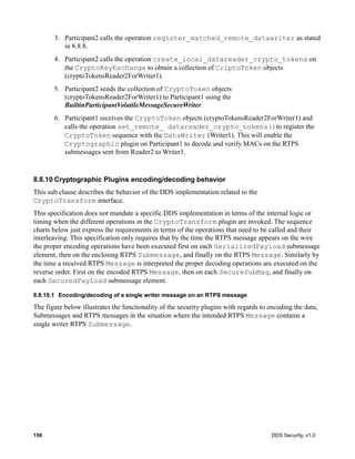 156 DDS Security, v1.0
3. Participant2 calls the operation register_matched_remote_datawriter as stated
in 8.8.8.
4. Participant2 calls the operation create_local_datareader_crypto_tokens on
the CryptoKeyExchange to obtain a collection of CriptoToken objects
(cryptoTokensReader2ForWriter1).
5. Participant2 sends the collection of CryptoToken objects
(cryptoTokensReader2ForWriter1) to Participant1 using the
BuiltinParticipantVolatileMessageSecureWriter.
6. Participant1 receives the CryptoToken objects (cryptoTokensReader2ForWriter1) and
calls the operation set_remote_ datareader_crypto_tokens()to register the
CryptoToken sequence with the DataWriter (Writer1). This will enable the
Cryptographic plugin on Participant1 to decode and verify MACs on the RTPS
submessages sent from Reader2 to Writer1.
8.8.10 Cryptographic Plugins encoding/decoding behavior
This sub clause describes the behavior of the DDS implementation related to the
CryptoTransform interface.
This specification does not mandate a specific DDS implementation in terms of the internal logic or
timing when the different operations in the CryptoTransform plugin are invoked. The sequence
charts below just express the requirements in terms of the operations that need to be called and their
interleaving. This specification only requires that by the time the RTPS message appears on the wire
the proper encoding operations have been executed first on each SerializedPayload submessage
element, then on the enclosing RTPS Submessage, and finally on the RTPS Message. Similarly by
the time a received RTPS Message is interpreted the proper decoding operations are executed on the
reverse order. First on the encoded RTPS Message, then on each SecureSubMsg, and finally on
each SecuredPayload submessage element.
8.8.10.1 Encoding/decoding of a single writer message on an RTPS message
The figure below illustrates the functionality of the security plugins with regards to encoding the data,
Submessages and RTPS messages in the situation where the intended RTPS Message contains a
single writer RTPS Submessage.
 