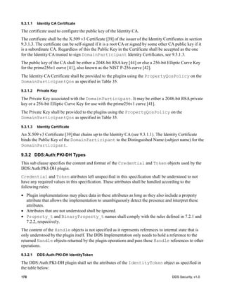 170 DDS Security, v1.0
9.3.1.1 Identity CA Certificate
The certificate used to configure the public key of the Identity CA.
The certificate shall be the X.509 v3 Certificate [39]	of the issuer of the Identity Certificates in section
9.3.1.3. The certificate can be self-signed if it is a root CA or signed by some other CA public key if it
is a subordinate CA. Regardless of this the Public Key in the Certificate shall be accepted as the one
for the Identity CA trusted to sign DomainParticipant Identity Certificates, see 9.3.1.3.
The public key of the CA shall be either a 2048-bit RSA key [44] or else a 256-bit Elliptic Curve Key
for the prime256v1 curve [41], also known as the NIST P-256 curve [42].
The Identity CA Certificate shall be provided to the plugins using the PropertyQosPolicy on the
DomainParticipantQos as specified in Table 35.
9.3.1.2 Private Key
The Private Key associated with the DomainParticipant. It may be either a 2048-bit RSA private
key or a 256-bit Elliptic Curve Key for use with the prime256v1 curve [41].
The Private Key shall be provided to the plugins using the PropertyQosPolicy on the
DomainParticipantQos as specified in Table 35.
9.3.1.3 Identity Certificate
An X.509 v3 Certificate [39]	that chains up to the Identity CA (see 9.3.1.1). The Identity Certificate
binds the Public Key of the DomainParticipant to the Distinguished Name (subject name) for the
DomainParticipant.
9.3.2 DDS:Auth:PKI-DH Types
This sub clause specifies the content and format of the Credential and Token objects used by the
DDS:Auth:PKI-DH plugin.
Credential and Token attributes left unspecified in this specification shall be understood to not
have any required values in this specification. These attributes shall be handled according to the
following rules:
Plugin implementations may place data in these attributes as long as they also include a property
attribute that allows the implementation to unambiguously detect the presence and interpret these
attributes.
Attributes that are not understood shall be ignored.
Property_t and BinaryProperty_t names shall comply with the rules defined in 7.2.1 and
7.2.2, respectively.
The content of the Handle objects is not specified as it represents references to internal state that is
only understood by the plugin itself. The DDS Implementation only needs to hold a reference to the
returned Handle objects returned by the plugin operations and pass these Handle references to other
operations.
9.3.2.1 DDS:Auth:PKI-DH IdentityToken
The DDS:Auth:PKI-DH plugin shall set the attributes of the IdentityToken object as specified in
the table below:
 