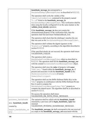 180 DDS Security, v1.0
handshake_message_in correspond to a
HandshakeReplyMessageToken as described in 9.3.2.3.2.
The operation shall verify the validity of the
IdentityCredential contained in the property named
“c.id” found in the handshake_message_in
HandshakeReplyMessageToken. This verification shall be
done using the locally configured CA in the same manner as the
validate_local_identity operation.
If the handshake_message_in does not contain the
aforementioned property or the verification fails, then the
operation shall fail and return ValidationResult_Fail.
The operation shall check that the challenge1 matches the one
that was sent on the HandshakeRequestMessageToken.
The operation shall validate the digital signature in the
“signature” property, according to the algorithm described in
section 9.3.2.3.2.
If the specified checks do not succeed, the operation shall return
VALIDATION_FAILED.
The operation shall create a
HandshakeFinalMessageToken object as described in
9.3.2.3.3. The operation shall fill the handshake_message_out
with the created HandshakeFinalMessageToken object.
The operation shall store the value of property with name
“dds.sec.” found within the handshake_message_in, if
present and associate it with the handshake_handle as the
PermissionsCertificate of remote
DomainParticipant.
The operation shall use the Diffie Hellman Public Key in the
“dh2” property in combination with the Diffie Hellman Private
Key it used to compute the
HandshakeFinalMessageToken “dh1” property to
compute the shared secret. The algorithm shall be as described in
section 9.3.2.3.2.
On success the operation shall return
VALIDATION_OK_WITH_FINAL_MESSAGE.
process_handshake
on a handshake_handle
created by
begin_handshake_re
ply
The operation shall be called with the handshake_handle
returned by a previous call to begin_handshake_reply that
returned
VALIDATION_PENDING_HANDSHAKE_MESSAGE.
The handshake_message_in shall correspond to the one received
as a reply to the handshake_message_out associated with the
 