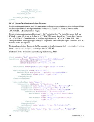 198 DDS Security, v1.0
</topic_rule>
</topic_access_rules>
</domain_rule>
</domain_access_rules>
</dds>
9.4.1.3 DomainParticipant permissions document
The permissions document is an XML document containing the permissions of the domain participant
and binding them to the distinguished name of the DomainParticipant as defined in the
DDS:Auth:PKI-DH authentication plugin.
The permissions document shall be signed by the Permissions CA. The signed document shall use
S/MIME version 3.2 format as defined in IETF RFC 5761 using SignedData Content Type (section
2.4.2 of IETF RFC 5761) formatted as multipart/signed (section 3.4.3 of IETF RFC 5761). This
corresponds to the mime-type application/pkcs7-signature. Additionally the signer certificate shall be
included within the signature.
The signed permissions document shall be provided to the plugins using the PropertyQosPolicy
on the DomainParticipantQos as specified in Table 45.
The format of this document is defined using the following XSD.
<?xml version="1.0" encoding="UTF-8"?>
<xs:schema xmlns:xs="http://www.w3.org/2001/XMLSchema"
elementFormDefault="qualified"
attributeFormDefault="unqualified">
<xs:element name="permissions" type="Permissions"/>
<xs:complexType name="Permissions">
<xs:sequence minOccurs="1" maxOccurs="unbounded">
<xs:element name="grant" type="Grant" />
</xs:sequence>
</xs:complexType>
<xs:complexType name="Grant">
<xs:sequence minOccurs="1" maxOccurs="1">
<xs:element name="subject_name" type="xs:string" />
<xs:element name="validity" type="Validity" />
<xs:sequence minOccurs="1" maxOccurs="unbounded">
<xs:choice minOccurs="1" maxOccurs="1">
<xs:element name="allow_rule" minOccurs="0"
type="Rule" />
<xs:element name="deny_rule" minOccurs="0"
type="Rule" />
</xs:choice>
</xs:sequence>
<xs:element name="default" type="DefaultAction"/>
</xs:sequence>
<xs:attribute name="name" type="xs:string" use="required"/>
</xs:complexType>
 