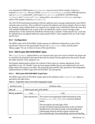 216 DDS Security, v1.0
very important for DDS because a DataReader may not receive all the samples written by a
matched DataWriter. The use of DDS ContentFilteredTopics as well as DDS QoS policies
such as History (with KEEP_LAST kind), Reliability (with BEST_EFFORTS kind),
Lifespan, and TimeBasedFilter, among others, can result in a DataReader receiving a
subset of the samples written by a DataWriter.
The AES-GCM transformation produces both the ciphertext and a message authentication code (MAC)
using the same secret key. This is sufficient to protext the plaintext and ensure integrity. However there
are situations where multiple MACs are required. For example when a DataWriter shares the same Key
with multiple DataReaders and, in spite of this, the DataWriter needs to ensure message origin
authentication. In this situation the DataWriter should create a separate “reader-specific key” used only
for authentication and append additional reader-specific MACs, each computed with one of the reader-
specific keys.
9.5.1 Configuration
The DDS:Crypto:AES-GCM-GMAC plugin requires no additional configuration as part of this
specification. However this specification reserves all PropertyQos names with the prefix
“dds.sec.crypto.” for use in future revisions of this specification.
9.5.2 DDS:Crypto:AES-GCM-GMAC Types
The Cryptographic plugin defines a set of generic data types to be used to initialize the plugin and
to externalize the properties and material that must be shared with the applications that need to decode
the cipher material, verify signatures, etc.
Each plugin implementation defines the contents of these types in a manner appropriate for the
algorithms it uses. All “Handle” types are local opaque handles that are only understood by the local
plugin objects that create or use them. The remaining types shall be fully specified so that independent
implementations of DDS:Crypto:AES-GCM-GMAC can interoperate.
9.5.2.1 DDS:Crypto:AES-GCM-GMAC CryptoToken
The DDS:Crypto:AES-GCM-GMAC plugin shall set the attributes of the CryptoToken object as
specified in the table below:
Table 51 – CryptoToken class for the builtin Cryptographic plugin
Attribute	name Attribute	value
class_id “DDS:Crypto:AES_GCM_GMAC”
binary_properties name	 value
dds.cryp.keymat The	result	of	encrypting	the	CDR	Serialization	of	the	
KeyMaterial_AES_GCM_GMAC	structure	defined	
below.	
The	encryption	uses	the	logic	of	the	
encode_serialized_payload	operation,	so	the	serialized	
KeyMaterial	is	first	placed	inside	a	SerializedPayload	
submessage	element	and	the	output	contains	the	
SecureDataHeader,	SecureDataBody,	and	SecureDataTag.
 