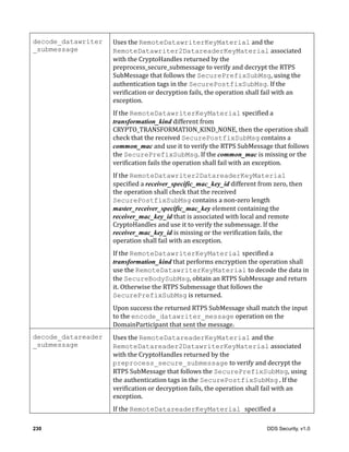 230 DDS Security, v1.0
decode_datawriter
_submessage
Uses	the	RemoteDatawriterKeyMaterial and	the	
RemoteDatawriter2DatareaderKeyMaterial associated	
with	the	CryptoHandles	returned	by	the	
preprocess_secure_submessage	to	verify	and	decrypt	the	RTPS	
SubMessage	that	follows	the	SecurePrefixSubMsg,	using	the	
authentication	tags	in	the SecurePostfixSubMsg.	If	the	
verification	or	decryption	fails,	the	operation	shall	fail	with	an	
exception.
If	the	RemoteDatawriterKeyMaterial specified	a	
transformation_kind	different	from	
CRYPTO_TRANSFORMATION_KIND_NONE,	then	the	operation	shall	
check	that	the	received	SecurePostfixSubMsg	contains	a	
common_mac	and	use	it	to	verify	the	RTPS	SubMessage	that	follows	
the	SecurePrefixSubMsg.	If	the	common_mac	is	missing	or	the	
verification	fails	the	operation	shall	fail	with	an	exception.
If	the	RemoteDatawriter2DatareaderKeyMaterial
specified	a	receiver_specific_mac_key_id	different	from	zero,	then	
the	operation	shall	check	that	the	received	
SecurePostfixSubMsg	contains	a	non-zero	length	
master_receiver_specific_mac_key	element	containing	the	
receiver_mac_key_id	that	is	associated	with	local	and	remote	
CryptoHandles	and	use	it	to	verify	the	submessage.	If	the	
receiver_mac_key_id	is	missing	or	the	verification	fails,	the	
operation	shall	fail	with	an	exception.
If	the	RemoteDatawriterKeyMaterial specified	a	
transformation_kind	that	performs	encryption	the	operation	shall	
use	the	RemoteDatawriterKeyMaterial to	decode	the	data	in	
the	SecureBodySubMsg,	obtain	an	RTPS	SubMessage	and	return	
it.	Otherwise	the	RTPS	Submessage	that	follows	the	
SecurePrefixSubMsg	is	returned.
Upon	success	the	returned	RTPS	SubMessage	shall	match	the	input	
to	the	encode_datawriter_message	operation	on	the	
DomainParticipant	that	sent	the	message.
decode_datareader
_submessage
Uses	the	RemoteDatareaderKeyMaterial and	the	
RemoteDatareader2DatawriterKeyMaterial associated	
with	the	CryptoHandles	returned	by	the	
preprocess_secure_submessage	to	verify	and	decrypt	the	
RTPS	SubMessage	that	follows	the	SecurePrefixSubMsg,	using	
the	authentication	tags	in	the SecurePostfixSubMsg.If	the	
verification	or	decryption	fails,	the	operation	shall	fail	with	an	
exception.
If	the	RemoteDatareaderKeyMaterial specified	a	
 