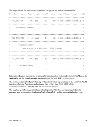 DDS Security, v1.0 239
The output in case the transformation performs encryption and authentication shall be:
0...2...........8...............16.............24...............32
+---------------+---------------+---------------+---------------+
| SEC_PREFIX | (flags) E| short octetsToNextSubMsg |
+---------------+---------------+---------------+---------------+
~ SecureDataHeader ~
+---------------+---------------+---------------+---------------+
+---------------+---------------+---------------+---------------+
| SEC_SUB_MSG | (flags) E| short octetsToNextSubMsg |
+---------------+---------------+---------------+---------------+
~ SecureDataBody ~
| secure_data = Encrypt( RTPS SubMsg ) |
+---------------+---------------+---------------+---------------+
+---------------+---------------+---------------+---------------+
| SEC_POSTFIX | (flags) E| short octetsToNextSubMsg |
+---------------+---------------+---------------+---------------+
~ SecureDataTag ~
+---------------+---------------+---------------+---------------+
In the above Encrypt indicates the cryptographic transformation performed with AES-GCM using the
SessionKey and the InitializationVector operating on the input RTPS Submessage.
The common_mac in the SecureDataTag is the authentication tag generated by the same AES-GCM
operation where the Additional Authenticated Data is the 4-byte (SEC_SUB_MSG)
SubmessageHeader that preceeds the SecureDataBody.
The receiver_specific_macs in the SecureDataTag are the AES-GMAC tags computed on the
common_mac using each of the SessionReceiverSpecificKey and the same InitializationVector.
 