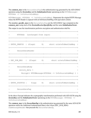 DDS Security, v1.0 241
The common_mac in the SecureDataTag is the authentication tag generated by the AES-GMAC
operation using the SessionKey and the InitializationVector operationg on the RTPSMessage{
RTPSHdr -> InfoSourceSubMsg}.
RTPSMessage{ RTPSHdr -> InfoSourceSubMsg}. Represents the original RTPS Message
where the RTPS Header is repaced with an InfoSourceSubMsg with equivalent content.
The receiver_specific_macs in the SecureDataTag are the AES-GMAC tags computed on the
common_mac using each of the SessionReceiverSpecificKey and the same InitializationVector.
The output in case the transformation performs encryption and authentication shall be:
+---------------+---------------+---------------+---------------+
~ RTPSHdr (unchanged from input) ~
+---------------+---------------+---------------+---------------+
+---------------+---------------+---------------+---------------+
| SRTPS_PREFIX | (flags) E| short octetsToNextSubMsg |
+---------------+---------------+---------------+---------------+
~ SecureDataHeader ~
+---------------+---------------+---------------+---------------+
+---------------+---------------+---------------+---------------+
| SEC_SUB_MSG | (flags) E| short octetsToNextSubMsg |
+---------------+---------------+---------------+---------------+
~ SecureDataBody ~
| secure_data = |
| Encrypt( RTPSMessage{RTPSHdr -> InfoSourceSubMsg} ) |
+---------------+---------------+---------------+---------------+
+---------------+---------------+---------------+---------------+
| SRTPS_POSTFIX | flags E| short octetsToNextSubMsg |
+---------------+---------------+---------------+---------------+
~ SecureDataTag ~
+---------------+---------------+---------------+---------------+
In the above Encrypt indicates the cryptographic transformation performed with AES-GCM using the
SessionKey and the InitializationVector operationg on the RTPSMessage{ RTPSHdr ->
InfoSourceSubMsg}.
The common_mac in the SecureDataTag is the authentication tag generated by the same AES-GCM
operation where the Additional Authenticated Data is the 4-byte (SEC_SUB_MSG)
SubmessageHeader that preceeds the SecureDataBody.
 