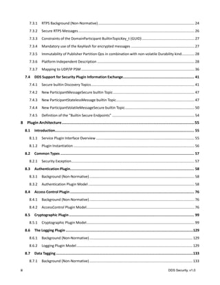 ii DDS Security, v1.0
7.3.1 RTPS Background (Non-Normative)................................................................................................. 24
7.3.2 Secure RTPS Messages..................................................................................................................... 26
7.3.3 Constraints of the DomainParticipant BuiltinTopicKey_t (GUID)..................................................... 27
7.3.4 Mandatory use of the KeyHash for encrypted messages ................................................................ 27
7.3.5 Immutability of Publisher Partition Qos in combination with non-volatile Durability kind............. 28
7.3.6 Platform Independent Description .................................................................................................. 28
7.3.7 Mapping to UDP/IP PSM .................................................................................................................. 36
7.4 DDS Support for Security Plugin Information Exchange.................................................................. 41
7.4.1 Secure builtin Discovery Topics........................................................................................................ 41
7.4.2 New ParticipantMessageSecure builtin Topic.................................................................................. 47
7.4.3 New ParticipantStatelessMessage builtin Topic............................................................................... 47
7.4.4 New ParticipantVolatileMessageSecure builtin Topic...................................................................... 50
7.4.5 Definition of the “Builtin Secure Endpoints” ................................................................................... 54
8 Plugin Architecture..................................................................................................................55
8.1 Introduction................................................................................................................................. 55
8.1.1 Service Plugin Interface Overview ................................................................................................... 55
8.1.2 Plugin Instantiation .......................................................................................................................... 56
8.2 Common Types ............................................................................................................................ 57
8.2.1 Security Exception............................................................................................................................ 57
8.3 Authentication Plugin................................................................................................................... 58
8.3.1 Background (Non-Normative).......................................................................................................... 58
8.3.2 Authentication Plugin Model ........................................................................................................... 58
8.4 Access Control Plugin ................................................................................................................... 76
8.4.1 Background (Non-Normative).......................................................................................................... 76
8.4.2 AccessControl Plugin Model............................................................................................................. 76
8.5 Cryptographic Plugin.................................................................................................................... 99
8.5.1 Cryptographic Plugin Model............................................................................................................. 99
8.6 The Logging Plugin ......................................................................................................................129
8.6.1 Background (Non-Normative)........................................................................................................ 129
8.6.2 Logging Plugin Model..................................................................................................................... 129
8.7 Data Tagging ...............................................................................................................................133
8.7.1 Background (Non-Normative)........................................................................................................ 133
 